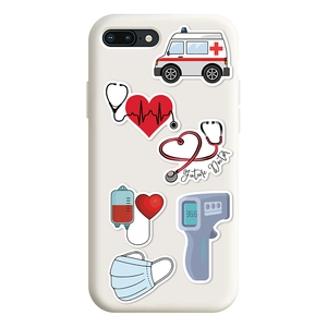 Close-up of white iPhone case featuring colorful medical theme doctor stickers and patterns