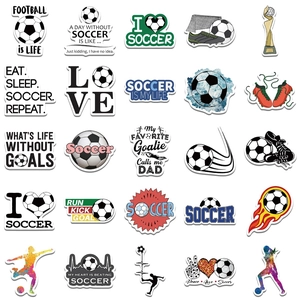 Flat lay of 25 unique soccer stickers including footballs and trophy designs