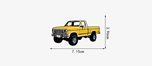 Détail d'un autocollant de camion jaune rétro avec dimensions de 7,15cm sur 3,96cm