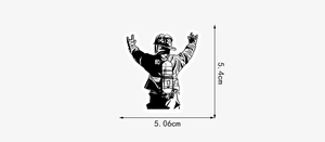 Detail showing back silhouette of a firefighter sticker with dimensions 5.4cm by 5.06cm