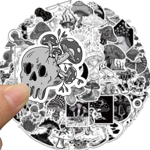Black and white Gothic mushroom skull stickers pack with retro hand-drawn punk designs