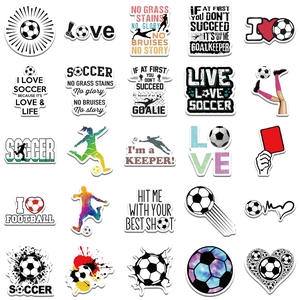 Flat lay of 25 soccer-themed waterproof PVC stickers for laptop and luggage decor