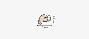 Close-up of cute cartoon cat and figure sticker with dimensions 3.4cm by 2.81cm