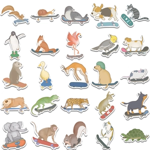 Collection of 25 unique cartoon animal skateboarding stickers for laptops and luggage