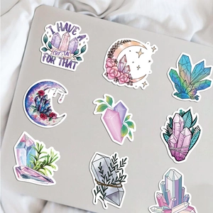 Dreamy crystal and moon waterproof stickers set for laptops with 9 unique floral designs