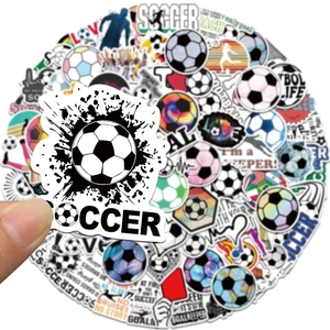 Detail of waterproof soccer stickers showing diverse sports patterns for laptops
