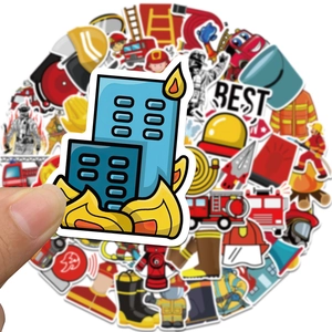 Close-up of hand holding a cartoon firefighter sticker from a colorful 50-piece set