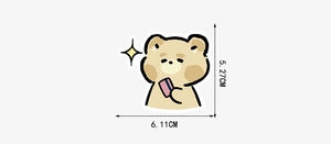 Cute brown bear cartoon sticker dimensions showing 6.11cm width and 5.27cm height