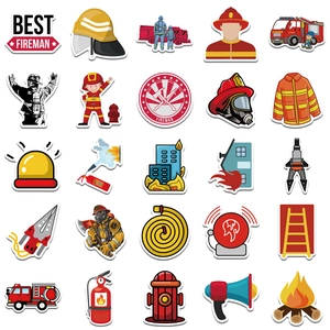 50pcs Firefighter Theme Cartoon Stickers featuring Fire Trucks and Extinguishers