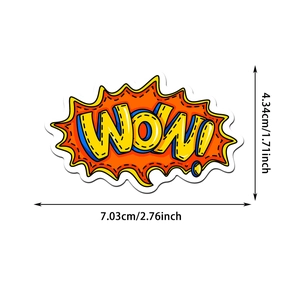 Size chart for yellow pop art WOW sticker showing 7.03cm width and 4.34cm height