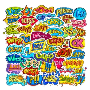 Close-up of 46 colorful pop art comic stickers with cartoon speech bubbles for luggage