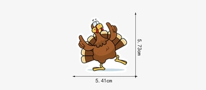 Detailed size view of cartoon turkey waterproof sticker measuring 5.73cm by 5.41cm