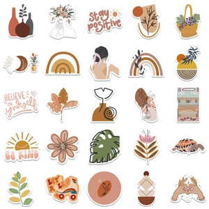 Set of 25 bohemian style aesthetic stickers with earthy tones and artistic nature designs