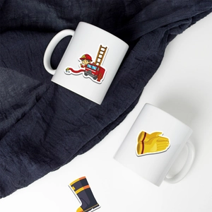 Fireman theme cartoon stickers applied on a white ceramic mug showing decorative details