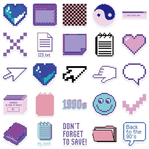 Set van 53 paarse pixel art stickers in Y2K-stijl met retro computericoontjes voor laptop