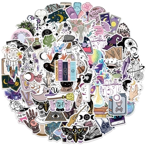 Set of 100 Bohemian wizard stickers with tarot and crystal illustrations for luggage