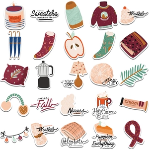 Set of 50 autumn cozy theme stickers for laptop and luggage featuring warm fall elements