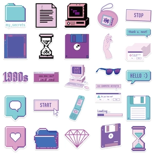 53-delige paarse pixel art stickersset met retro computer en Y2K esthetische ontwerpen