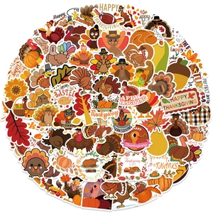 Detailed collection of waterproof Thanksgiving stickers featuring turkey and pumpkin motifs