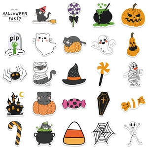 Detailed grid layout of 25 unique cartoon Halloween stickers with pumpkin and ghost motifs