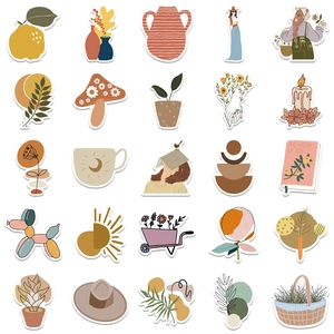 Detailed grid showing 25 Boho style waterproof stickers with abstract plants and art