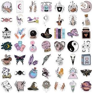 Set of 49 Bohemian Witchcraft stickers featuring tarot cards, crystals and moon motifs