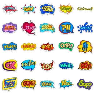 Set of 46 cute pop art stickers with comic phrases for laptop, luggage, and water bottles