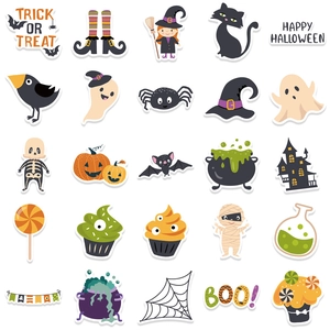 Flat vector Halloween stickers showing pumpkins, ghosts, and skulls with white borders