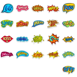 Close-up of colorful pop art stickers with comic speech bubbles on a white background