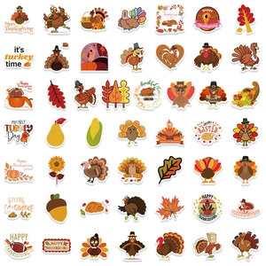 50-piece set of Thanksgiving stickers featuring turkeys, pumpkins, and autumn leaves