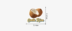 Tropical Costa Rica coconut sticker detail showing size 4.61x5.4 cm with waterproof finish