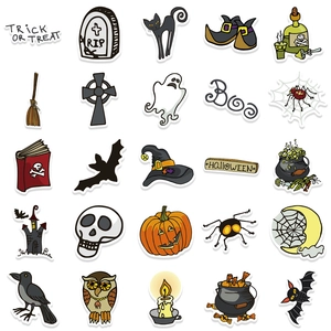 Detailed set of 25 waterproof Halloween cartoon stickers for water bottles and suitcases