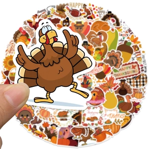 Waterproof Thanksgiving stickers featuring cartoon turkeys, pumpkins, and autumn maple leaves