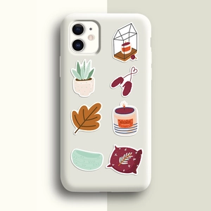 Detail of white matte phone case with autumn aesthetic hand-drawn illustrations and stickers