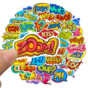 Close-up of waterproof Pop Art cartoon stickers with Zoom and Boom comic speech bubbles