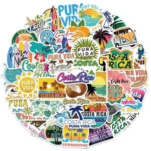 50-piece Costa Rica travel stickers featuring sloths, toucans, and Pura Vida surf designs