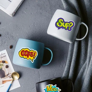 Set of minimalist ceramic mugs with matte finish and pop art speech bubbles in 3 colors