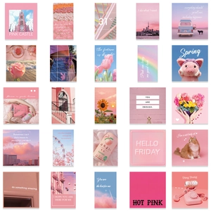 Set of 50 pink aesthetic stickers with landscapes and motivational quotes for decor
