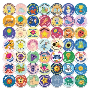 Detailed grid of 49 colorful cartoon animal reward stickers with English phrases for kids