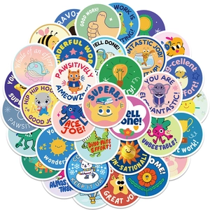 Motivational Reward Stickers For Kids Cute Animal Teacher Encouragement Labels PVC Waterproof English Phrases Decorative Decals Classroom School Supplies