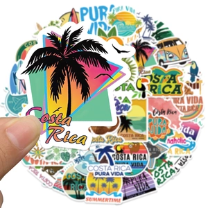 50pcs Costa Rica tropical travel stickers with palm trees and retro surf designs for luggage