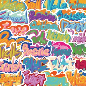 Detail showing 3D graffiti style waterproof stickers with bold colorful typography