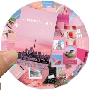 Detail showing pink aesthetic landscape stickers and inspirational quotes set for decoration