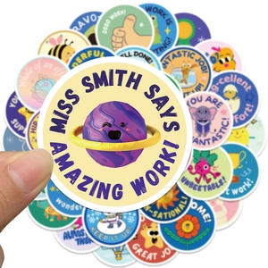 Set of 50 English reward stickers for children featuring cute animals and planets