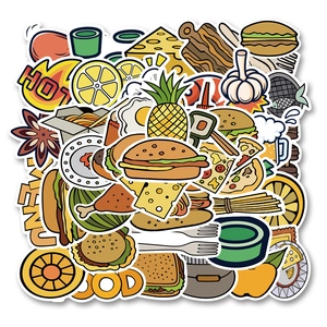 Vibrant waterproof cartoon food stickers featuring burgers, pizza, and diverse snacks