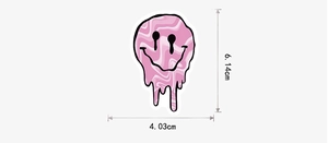 Detailed size view of a pink melting smiley face sticker with fluid texture and black outline