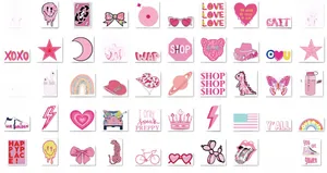 Detailed grid showing 50 unique pink aesthetic cartoon stickers for laptops and water bottles