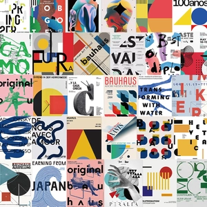 Close-up of 25 Bauhaus retro abstract geometric stickers with pop art and typography designs