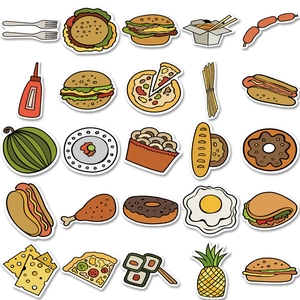Set of 50 waterproof cartoon food stickers featuring pizza, burger, and donut designs