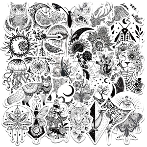 Detail view of black and white Gothic animal stickers with lion and owl motifs